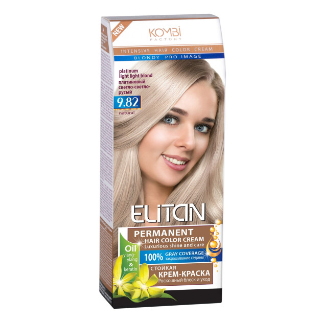 Hair colour “Elitan”, 9.82 Platinum Light Light Blond Hair colour “Elitan”, 9.82 Platinum Light Light Blond