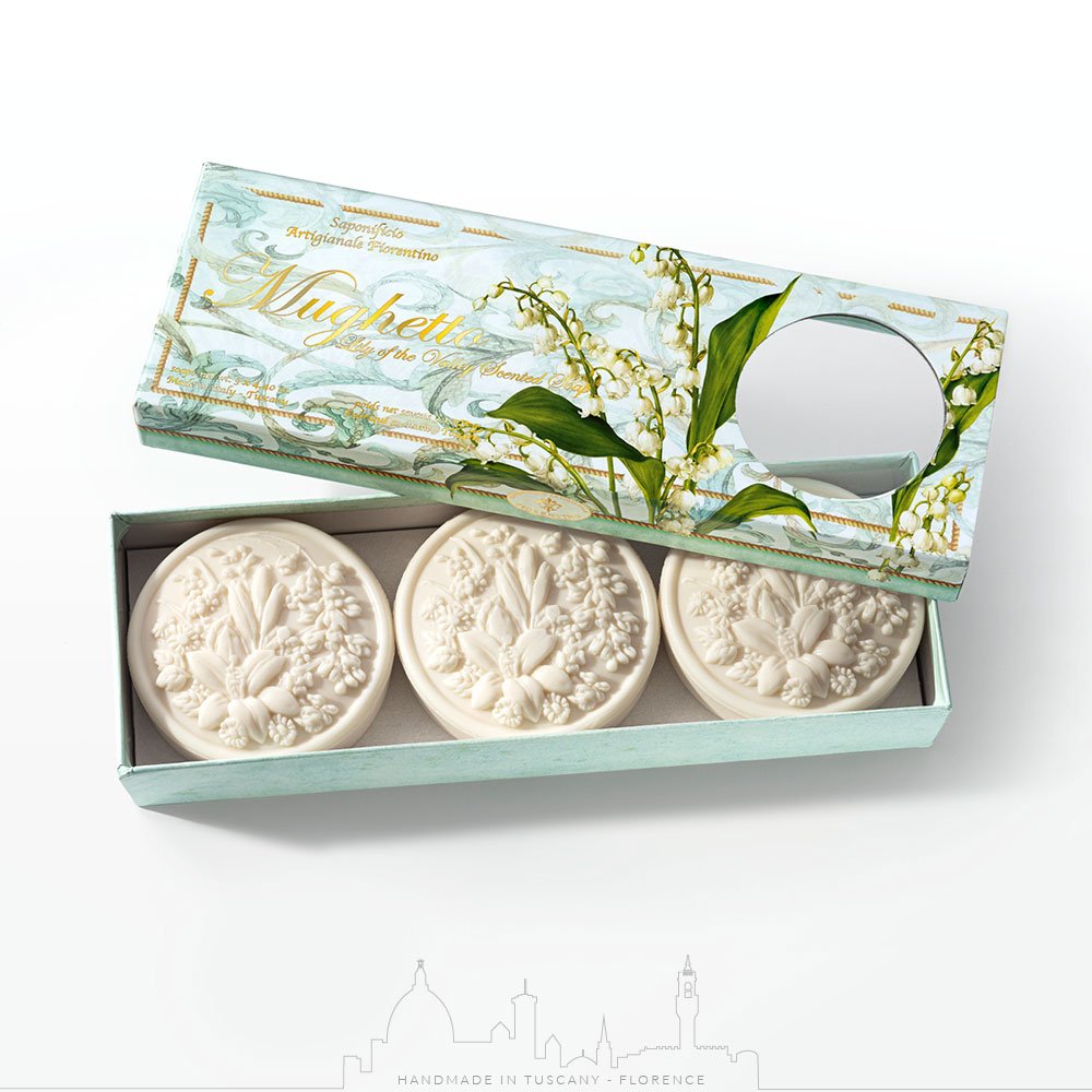 Seebikomplekt “Fiorentino” “Mughetto”, (orasliljapuu lõhnaga), 3×125 g Seebikomplekt “Fiorentino” “Mughetto”, (orasliljapuu lõhnaga), 3×125 g
